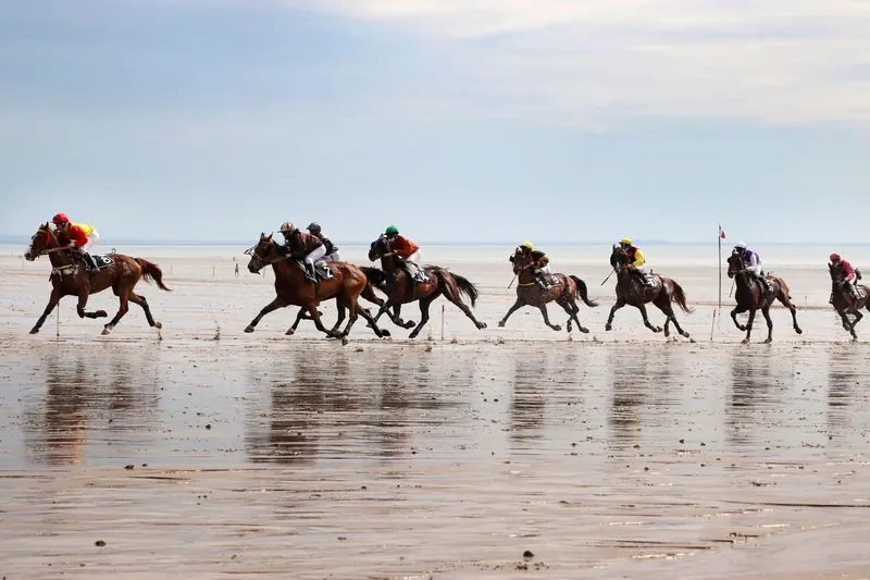Chevaux au galop sur une plage normande à marée basse